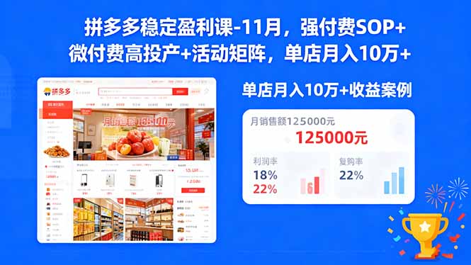拼多多稳定盈利课-11月，强付费SOP+微付费高投产+活动矩阵，单店月入10万+-大甫网创-助力打造属于自己的超级个体-甫仁小站